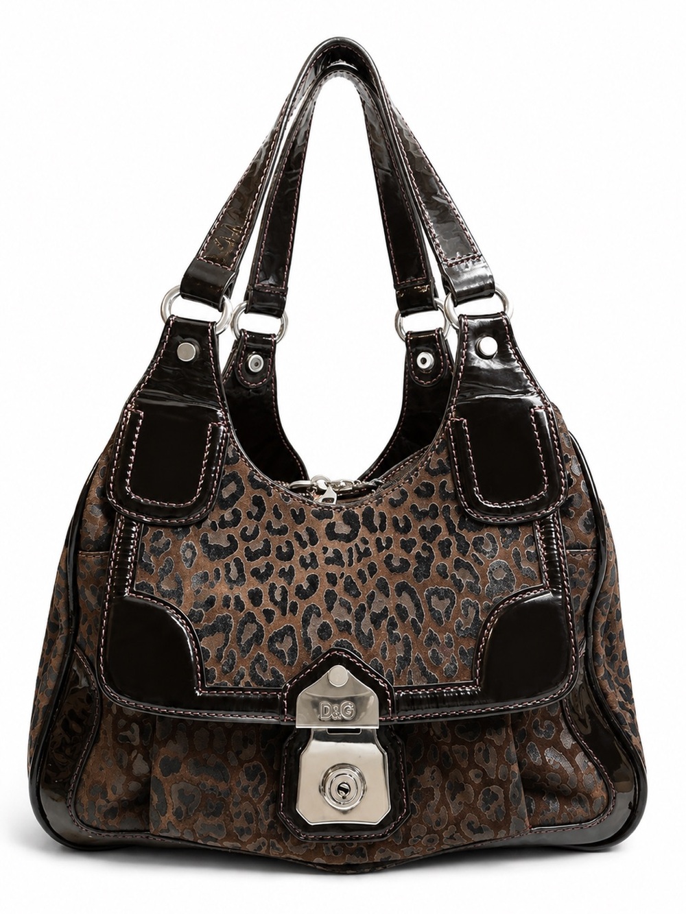 Dolce & Gabbana Brown Leopard Print Shoulder Bag with Black Patent Trim